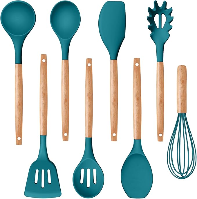 P&P CHEF Silicone Cooking Utensils Set, 8-Piece Kitchen Cooking Utensil with Wooden Handle, Silicone Spatula for Nonstick Cookware, Heat-proof & Easy Clean, Blue