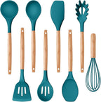 P&P CHEF Silicone Cooking Utensils Set, 8-Piece Kitchen Cooking Utensil with Wooden Handle, Silicone Spatula for Nonstick Cookware, Heat-proof & Easy Clean, Blue