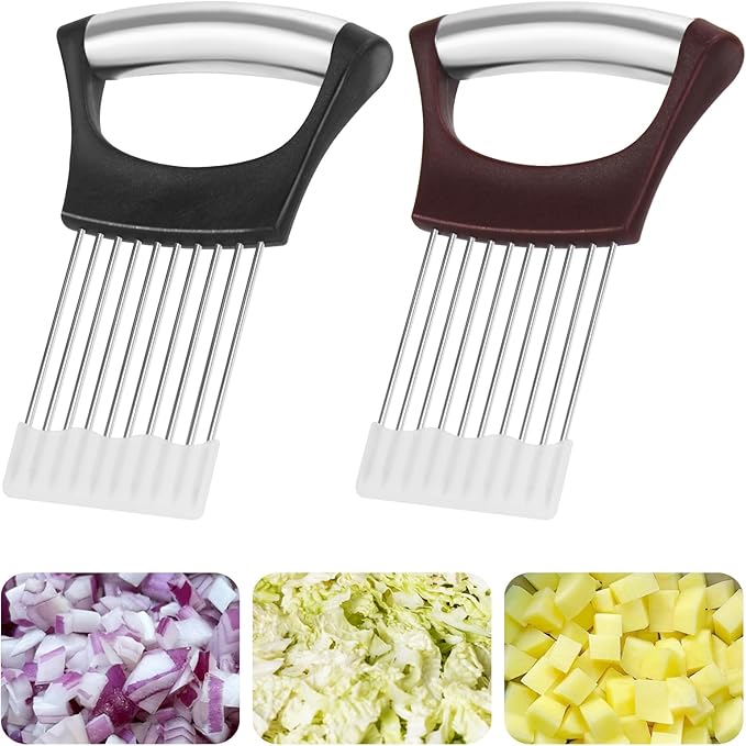 2PCs Stainless Steel Onion Slicer Holder, Onion Cutter Holder for Slicing of Onions,Tomatoes,Avocados,Eggs and Other Vegetables,KItchen Utensils (Wine Red & Black)