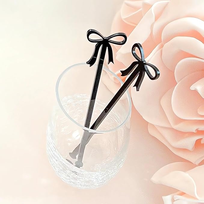 20 pcs Bow Drink Stirrers, Acrylic Drink Stirs for Bow Themed Party Decoration, Coquette Birthday Cocktail Wedding Decorations Party Favors (Black)