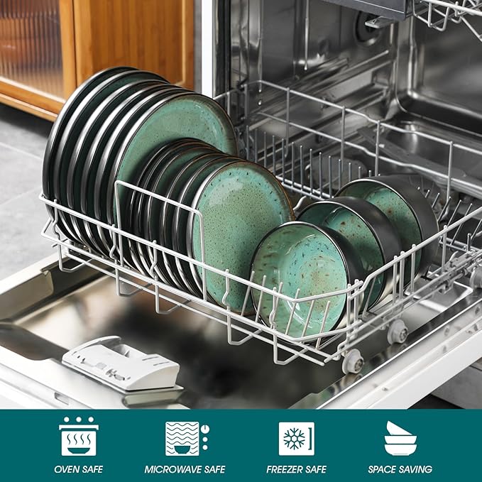 vancasso Plates and Bowls Sets, 24 Pieces Stoneware Dinnerware Sets for 8, Kitchen Dish Set Mircowave and Dishwasher Safe Ceramic Dishware, Turf Green, Series AMBER