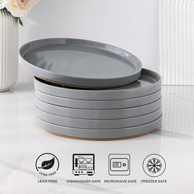 AmorArc Ceramic Plates Set of 6,10.25 Inch Speckled Dinner Plates with Handpainted Rustic Terracotta Underside,Modern Dinnerware Dishes Set for Kitchen,Microwave & Dishwasher Safe-Gray