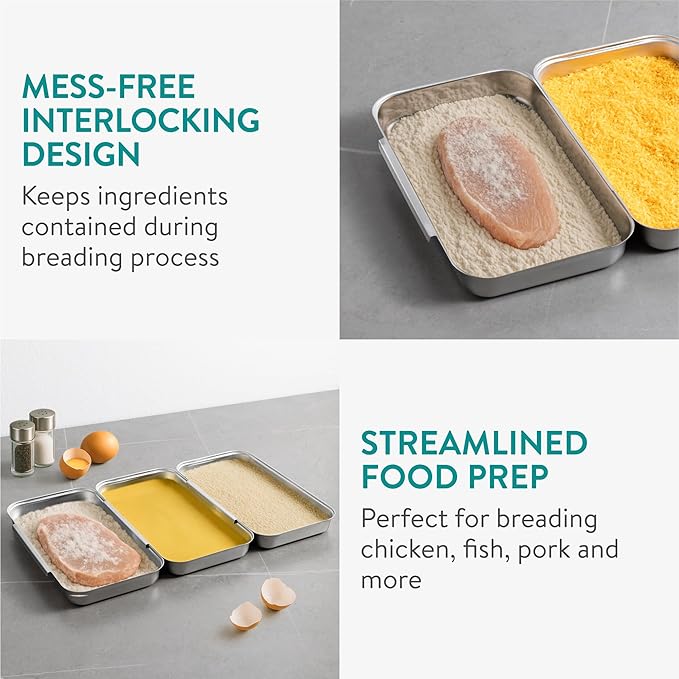 Navaris Stainless Steel Breading Trays, Set of 3 - Interlocking & Stackable Tray Design - 27x15cm Baking and Cooking Sheets - Oven and Dishwasher Ready for Versatile Kitchen Use