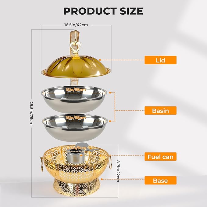 8QT Chafing Dishes Set, Luxury Stainless Steel Round Gold Buffet Warmers with Rolled Edge for Catering, Weddings, Parties, Hotels (2-Pack)