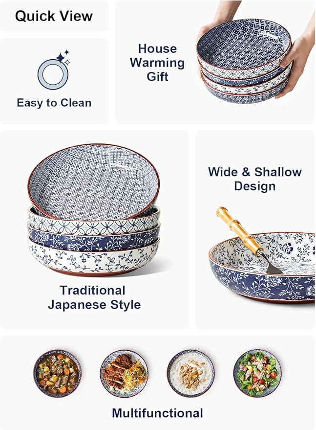 LE TAUCI Pasta Bowl 32 oz, Ceramic Salad Bowl, Japanese-Style Plate Bowls for Serving Pasta, Fruits, Salad, Noodle, Dinner, Soup, Mircrowave Oven Dishwasher Safe - 8.2 Inch, Set of 4, Vintage Blue