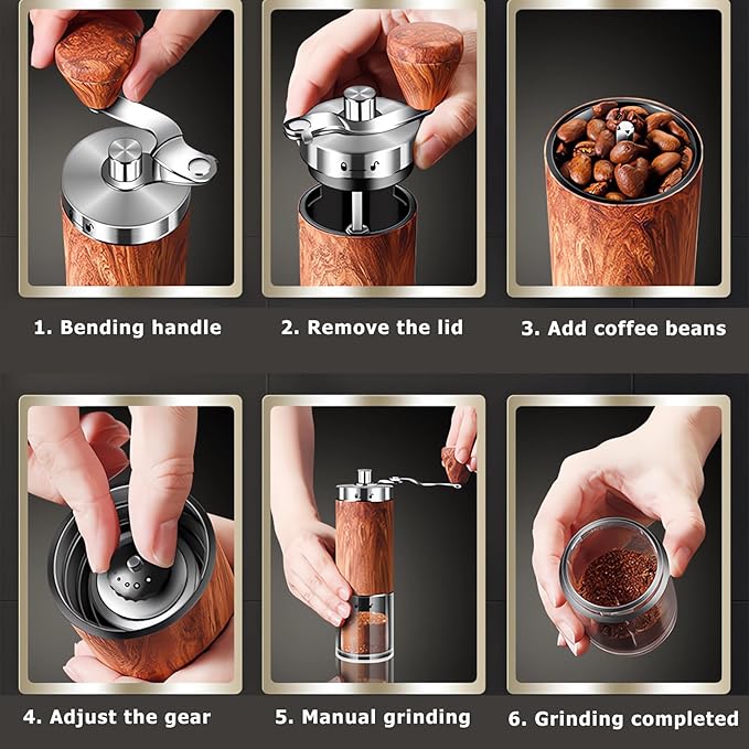 Manual Coffee Grinder, Stainless Steel Body Coffee Bean Grinder, Adjustable Ceramic Conical Mill,Foldable Handle Portable Coffee Grinders