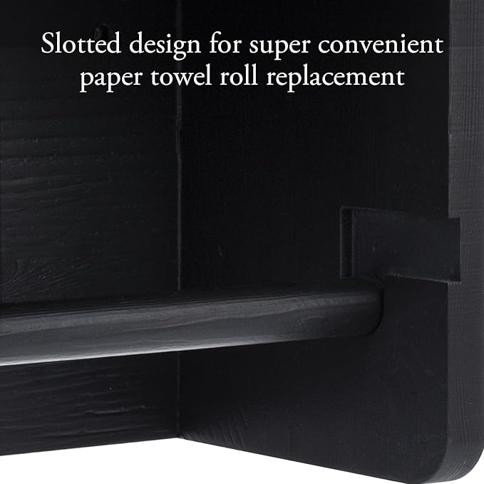 MyGift Modern Coal Black Solid Wood Wall Mounted Paper Towel Roll Holder and Top Shelf, Hanging Kitchen Disposable Napkin Dispenser with Spice Storage Rack