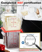 4QT NSF Food Storage Containers: 8 PCS [Food Grade][Hot&Cold Resistant] Commercial Clear Square Food Storage Containers with Scales Handles for Home Restaurant Kitchen Proof Dough (Red)