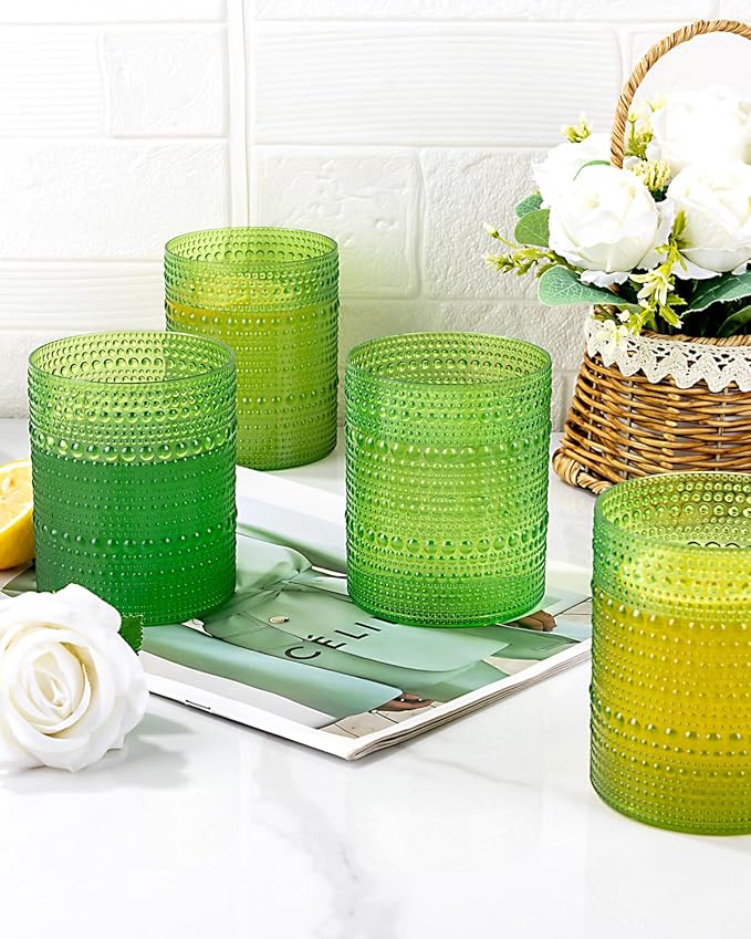 18PCS Hobnail Plastic Drinking Glasses - 14Oz Beaded Glasses Drinkware Set Disposable - Green Vintage Plastic Bubble Glassware for Beer, Juice, Cocktail, Whiskey, Milk and Various Mixed Drinks
