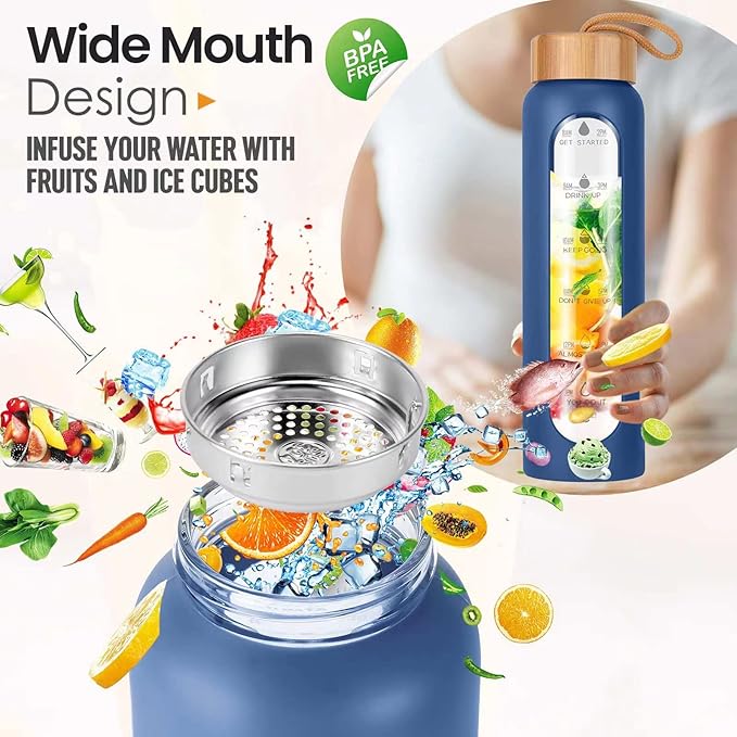 Aqulea Glass Water Bottles 32 Oz with Silicone Sleeve - BPA Free Reusable Wide Mouth Glass Motivational Water Bottles with Fruit Infuser – Leak Proof Borosilicate Water Bottle with Time Marker (Blue)