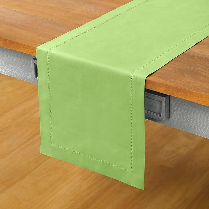 Solino Home Cotton Linen Table Runner 120 Inches Long - Hemstitch Apple Green Dining Table Runner 14 x 120 Inch for Summer