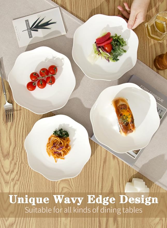 8.5 Inch Salad Plates Set of 8, Ceramic White Leave Wave Rim Small Dinner Appetizer Pasta Plate, Porcelain Dinnerware Serving Dishes for Pancakes, Steak, Pizza, Microwave, Dishwasher Safe