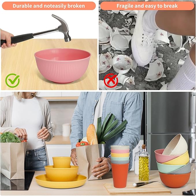 36 pcs Wheat Straw Dinnerware Sets DAPIPIK Unbreakable Reusable Dinnerware Set ，Lightweight Camping Plates Cups and Bowls Set. Dishwasher Microwave Safe Dinnerware