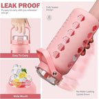MUKOKO Half Gallon/64 oz Glass Water Bottles with Straw and Lid,Motivational Water Jug with Time Marker Reminder and Silicone Sleeve,100% Leakproof BPA Free Fitness Sports Large Bottle-Pink