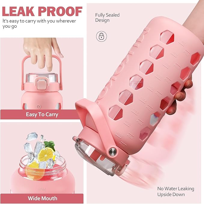 MUKOKO Half Gallon/64 oz Glass Water Bottles with Straw and Lid,Motivational Water Jug with Time Marker Reminder and Silicone Sleeve,100% Leakproof BPA Free Fitness Sports Large Bottle-Pink