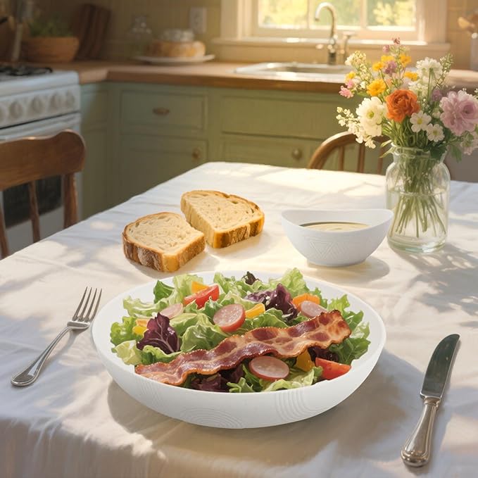 Large Serving Bowls Set 6 Pack- Wheat Straw Salad Bowls 65oz with Wood Salad Servers and 10oz Sauce Bowl- Unbreakable Salad Bowl with Serving Utensils for Party, Family- White