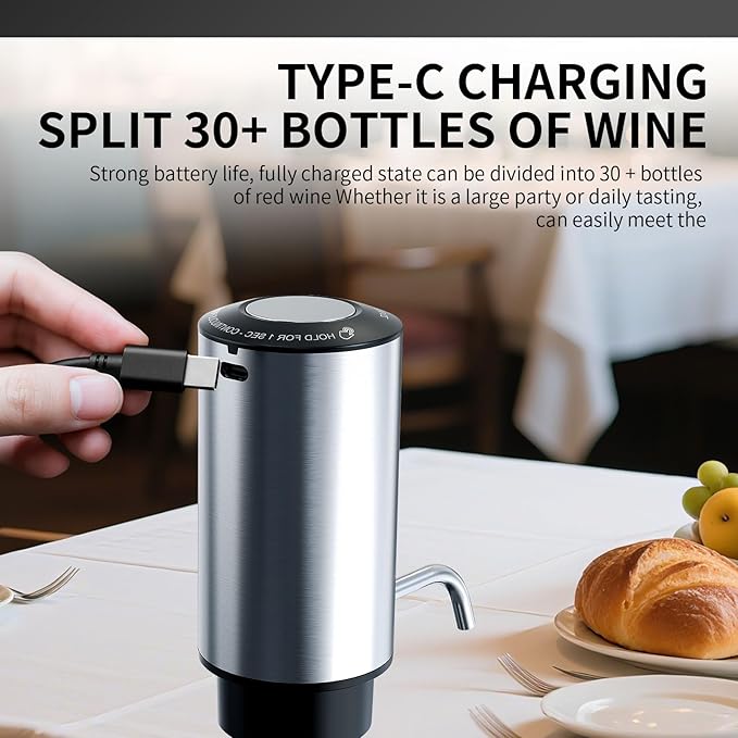 Rechargeable Wine aerator Electric Wine Decanter, Automatic Wine Dispenser withStorage Base,Two Modes:long press to continuously Dispense wine/single press to Dispense75ml of Wine