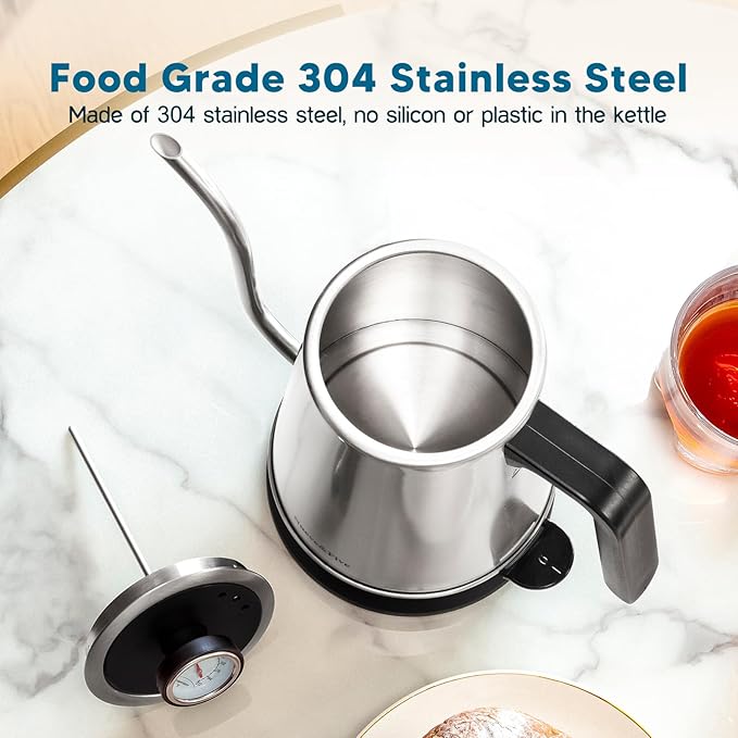 Nueve&Five Gooseneck Electric Kettle with Thermometer,Electric Tea Kettle 1L with Auto Shut-Off，1000W Hot Water Kettle of Stainless Steel,Pour Over Kettle for Coffee & Tea -Chrome