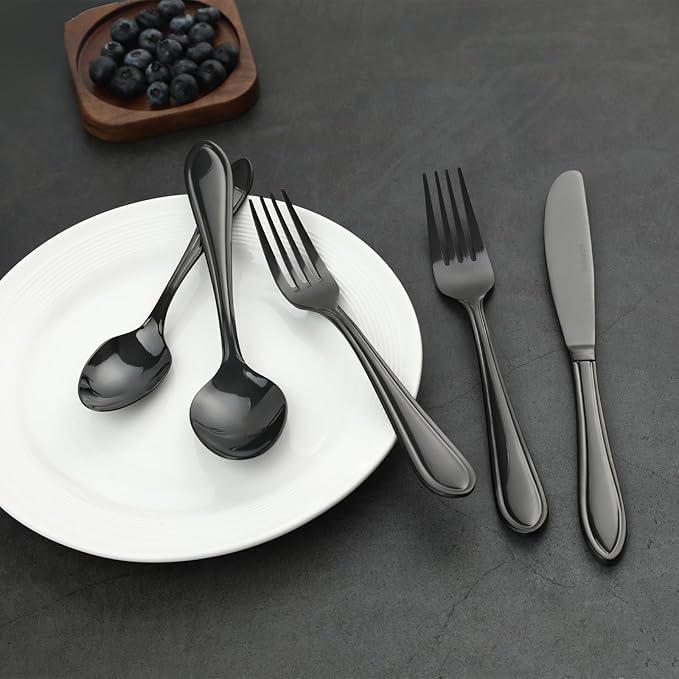 Black Silverware Set, 40-Piece Stainless Steel Flatware for 8, Heavy-Duty 18/0 Stainless Steel Utensils,Mirror Polished Dishwasher Safe for Home & Kitchen Dining