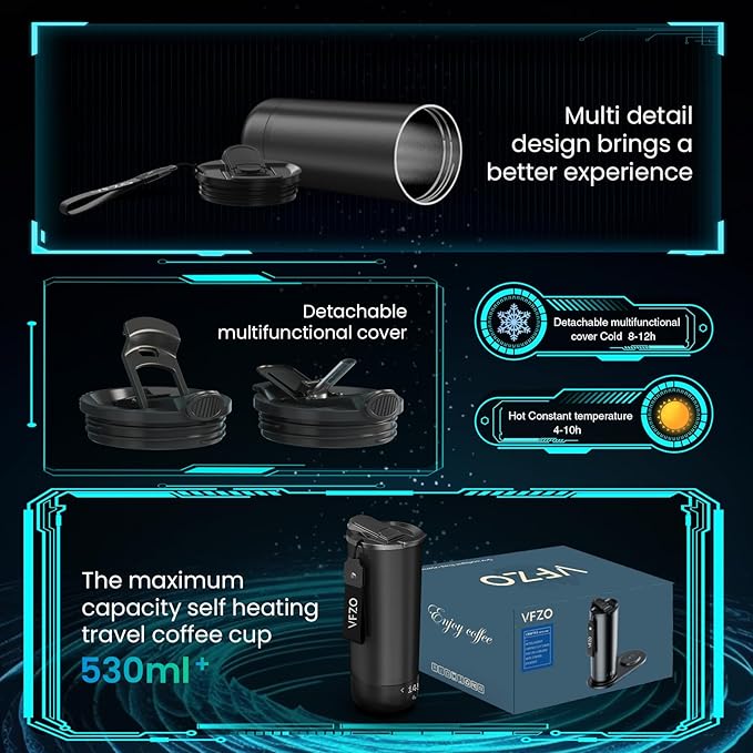 Temperature Control Heated Travel Mug Smart Self Heating Coffee Mug 20 Oz App Controlled LED Display coffee serving sets mug kept at a constant temperature for 4-10 hours (Black, 20 oz)