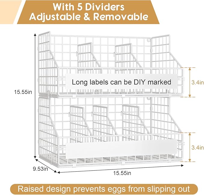 keomaisyto Fresh Egg Holder with 5 Dividers to Separate Eggs for a Week, 2 Tier Stackable Wire Baskets for Gathering Eggs, XXL Egg Rack for Countertop/Wall-Mounted, With DIY Labels, White