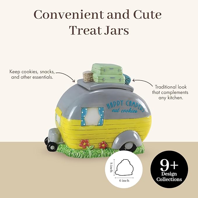 Young's Inc. Ceramic Cookie Jar - Cute Kitchen Counter Storage Canister with Lid - Perfect for Cookies, Coffee, Tea, Candy, Dog Treats, and More - Happy Campers - Gray, Yellow, Green