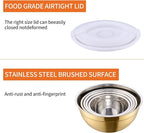 Gold Mixing Bowls with Airtight Lids, Stainless Steel Nesting Mixing Bowls Set of 5, Ideal for Baking, Prepping and Serving Food, Size 5.5, 3.6, 2.7, 2.1, 1.5, QT, Stackable Design