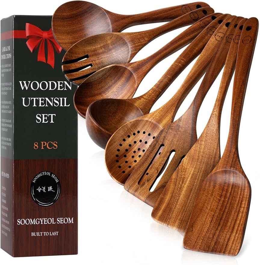 Wooden Spoons for Cooking – 8-Piece Teak Wood Cookware Utensil Set with Smooth Finish – Non-Stick, Comfortable Grip – Durable, Heat Resistant Kitchen Utensils