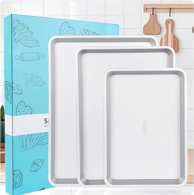 3-Piece Non-Stick Baking Sheet Set | PFOA/PFOS/PTFE-Free, 0.8mm Heavy-Duty Steel with Diamond Texture Surface | Stackable Design for Roasting, Baking & Toasting
