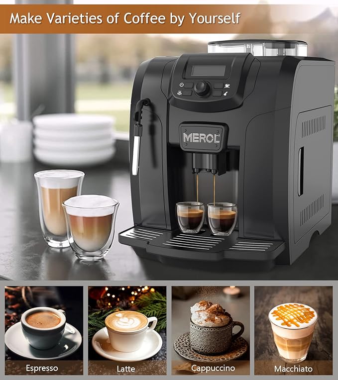 MEROL Fully Automatic Espresso Coffee Machine, 19 Bar Cafe Maker Built-in Adjustable Grinder and Manual Milk Frother Steam Wand, for Cappuccino Latte Macchiato, for Coffee Lover, ME-715, Black