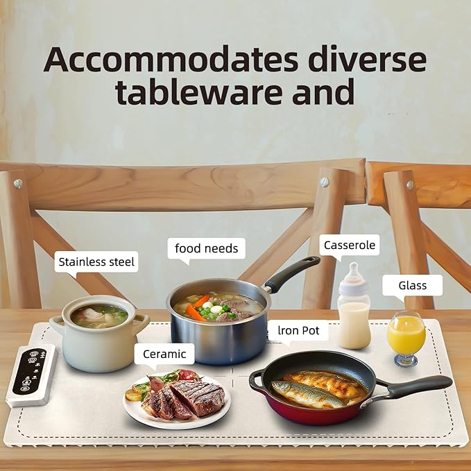 Food Warming Mat Electric Heating Tray for Buffets and Parties 3 Adjustable Temperature Settings from 40 to104 Degrees Fast Heating in 10 Seconds Child Safety Lock Easy to Clean (White)