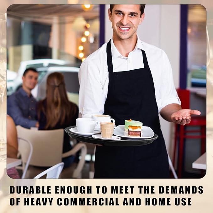 Zopeal 8 Pieces Black Round Restaurant Serving Tray, Plastic Non Slip Surface Food Meals Server Tray with Raised Edges for Home, Kitchen, Restaurant, Cafeteria, Bar (11",16")