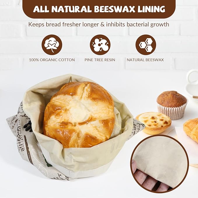 CHENGLIN Beeswax Cotton Bread Bags - Large Reusable Sourdough Storage Bags for Homemade Bread, Baguette & Loaf – Eco-Friendly, Washable, Breathable