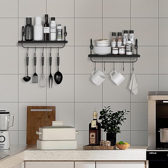 Olakee Floating Wall Shelves for Kitchen Bathroom Coffee Nook with 10 Adjustable Hooks for Mugs Cooking Utensils or Towel Rustic Storage Shelves Set of 2/17x5.9 inch (Black)