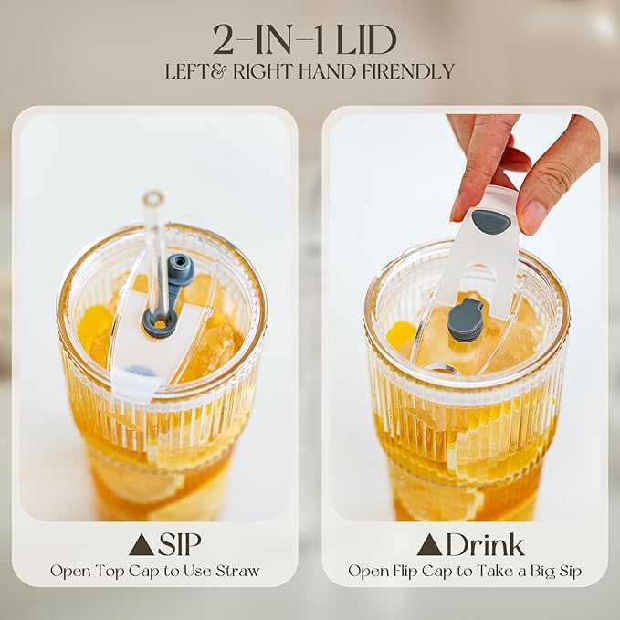 KEMORELA 2-Pack Ribbed Glass Tumblers with Lids & Straws – Vintage Iced Coffee Cups, Reusable Smoothie & Cocktail Drinking Glasses, Clear Glassware for Home or Cafe
