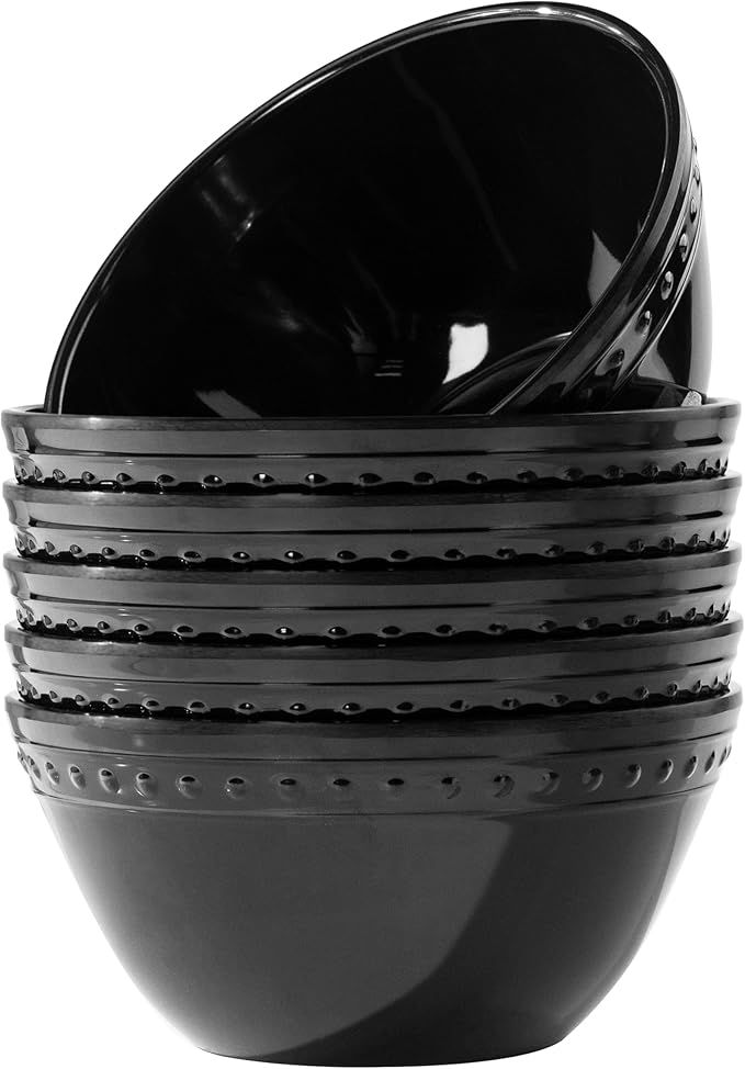 Melamine Beaded Cereal Bowls Set Black, 6 inch, 24oz All purpose/Soup/Salad Bowls Set of 6, Unbreakable Durable, Dishwasher Safe, BPA Free - Perfect for Soups, Salads, Cereal & Entertaining
