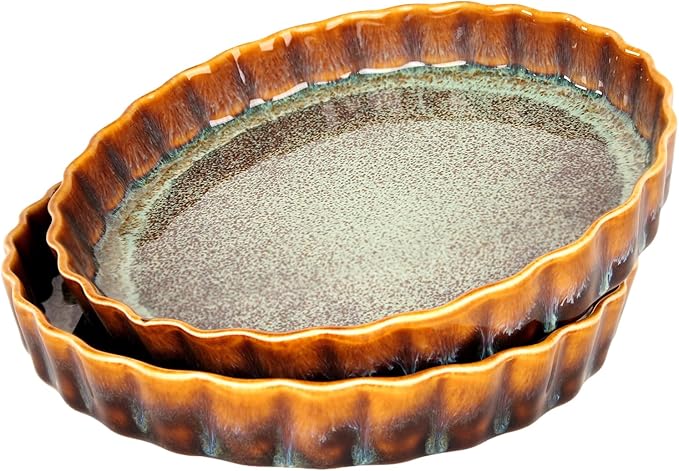 Large Quiche Tart Pans Pan Set of 2, 13.5 oz Ceramic Au gratin pans, Fluted Ruffled Edge for Quiche Baking Dish/Pie Pan, Microwave Freezer Dishwasher Oven safe, Great Gift for Bakers