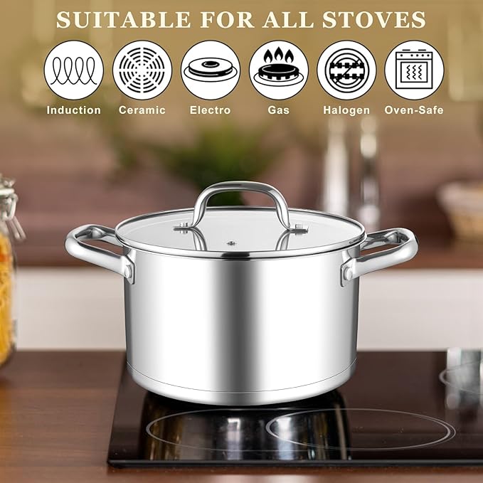 Leonyo Small Stock Pot, 4 Quart StockPot with Visible Lid for Soup Pasta Vegetable, 18/10 Stainless Steel Cooking Pasta Soup Pot for Induction Ceramic Gas Stoves, Tri-Ply Bottom & Dishwasher Safe