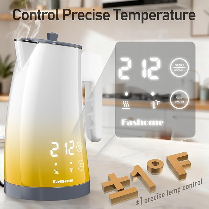 Electric Kettle with 5-Temperature Control,1.25L Cordless,Penguin Shape Design,1200W with Keep Warm and Auto Shut-Off,Perfect for Tea,Coffee & Themed Kitchen(Yellow Gradient)