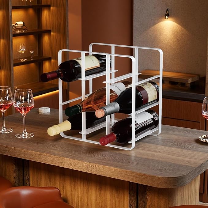 Buruis 9-Bottle Metal Wine Rack, Freestanding Holder Organizer for Red and White Wine, Kitchen Countertop, Pantry, No Assembly Required, White
