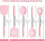 TeamFar Cooking Utensils Set, 5 PCS Silicone Kitchen Utensils with Stainless Steel Handle for Nonstick Cookware Turning Flipping Frying Draining, Heatproof & Healthy, Nonstick & Easy Clean, Pink
