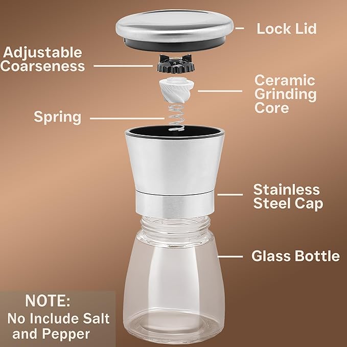 Stainless Steel Salt and Pepper Grinder Set - Short Glass Shaker, Pepper Mill & Salt Mill with Adjustable Coarseness, Refillable for Himalayan or Sea Salt, Black Peppercorn, with Bonus Stand