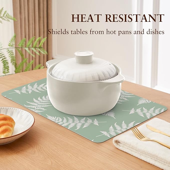 QIYI Placemats Set of 6, 12x18 Inch PU Leather Place Mats for Kitchen Dinning, Heat Resistant Anti Slip Green White Table Mats, Waterproof Wipeable Washable Placemat Party Table Décor, Fern Leaves