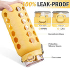 MUKOKO 64oz Glass Water Bottles with Straw and Lid,Half Gallon Water Bottle with Time Marker,Large Glass Water Jug with Silicone Sleeve and Stainless Steel Handle-Yellow