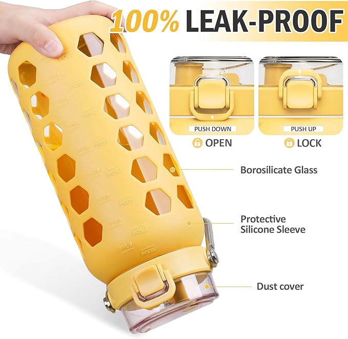 MUKOKO 64oz Glass Water Bottles with Straw and Lid,Half Gallon Water Bottle with Time Marker,Large Glass Water Jug with Silicone Sleeve and Stainless Steel Handle-Yellow