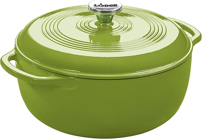 Lodge 6 Quart Enameled Cast Iron Dutch Oven with Lid – Dual Handles – Oven Safe up to 500° F or on Stovetop - Use to Marinate, Cook, Bake, Refrigerate and Serve – Avocado