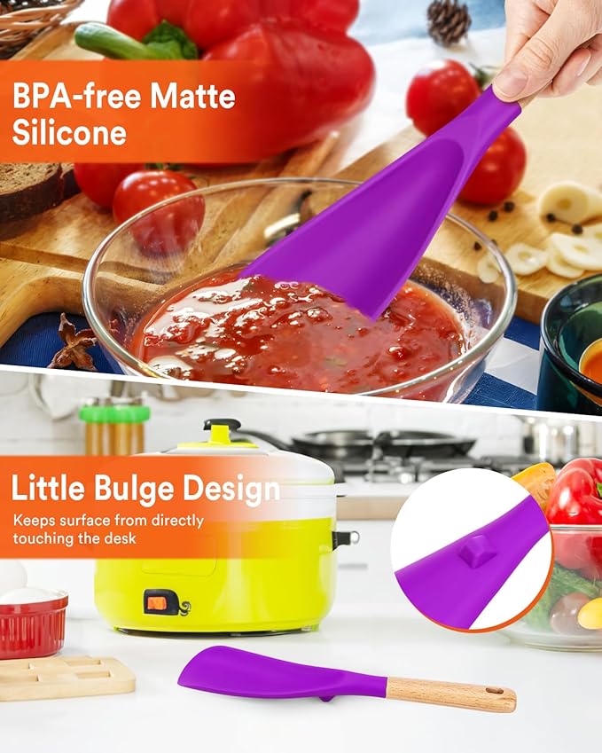Cooking Spoon for Nonstick Cookwares, Great for Cooking and Serving Sturdy BPA-Free Matte Silicone, Wood Handle Spoon for Mixing, Scoop, and Scrape (BERRY)