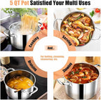 P&P CHEF 5 Quarts Cooking Stock Pot with Lid, Stainless Steel Stockpot Induction Pot for Soup, Tri-Ply Bottom & Clear Glass Lid & Double Handle, Dishwasher Safe