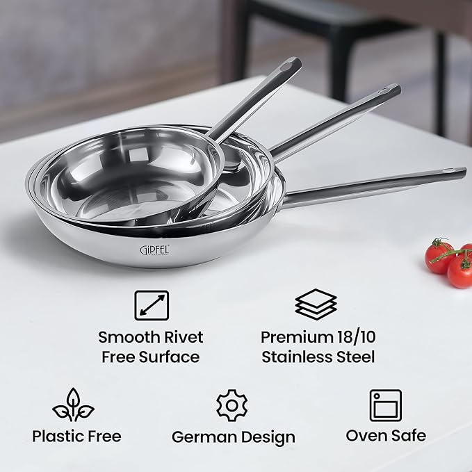 GIPFEL INTERNATIONAL Stainless Steel Frying Pan 12 Inch - Tri Ply Stainless Steel Skillet Healthy Non Toxic Cookware - Fry Pans for Induction Gas Electric Ceramic Stove & Oven Safe (12 Inch)