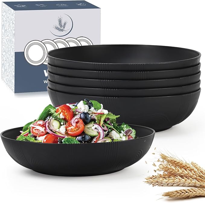 10inch Wheat Straw Big Bowls Set of 6 - Large Salad Bowls 65oz set of 6 - Unbreakable Serving Bowls Microwave & Dishwasher Safe for restaurant - Big Plastic Bowls for Cereal,Salad - Black Series